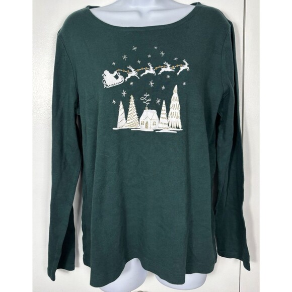 croft & barrow Tops - Croft & Barrow Holiday Long Sleeved Tee Green & White Large